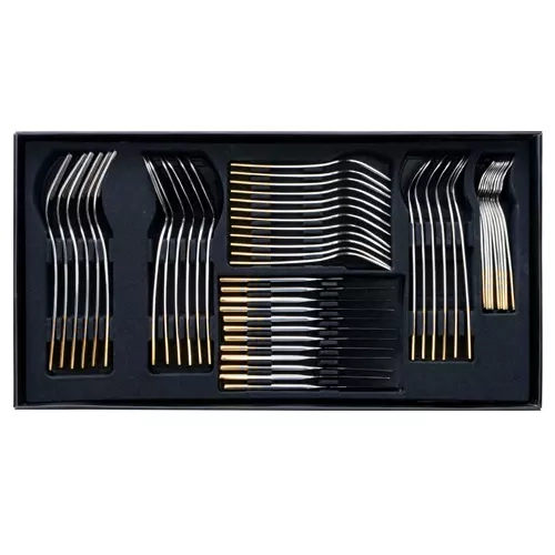 سرویس قاشق و چنگال 116 پارچه ناب استیل مدل فلورانس لبه طلایی