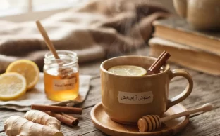 فنجان دمنوش داغ با عسل، لیمو و زنجبیل روی میز چوبی، مناسب برای درمان خانگی گلودرد