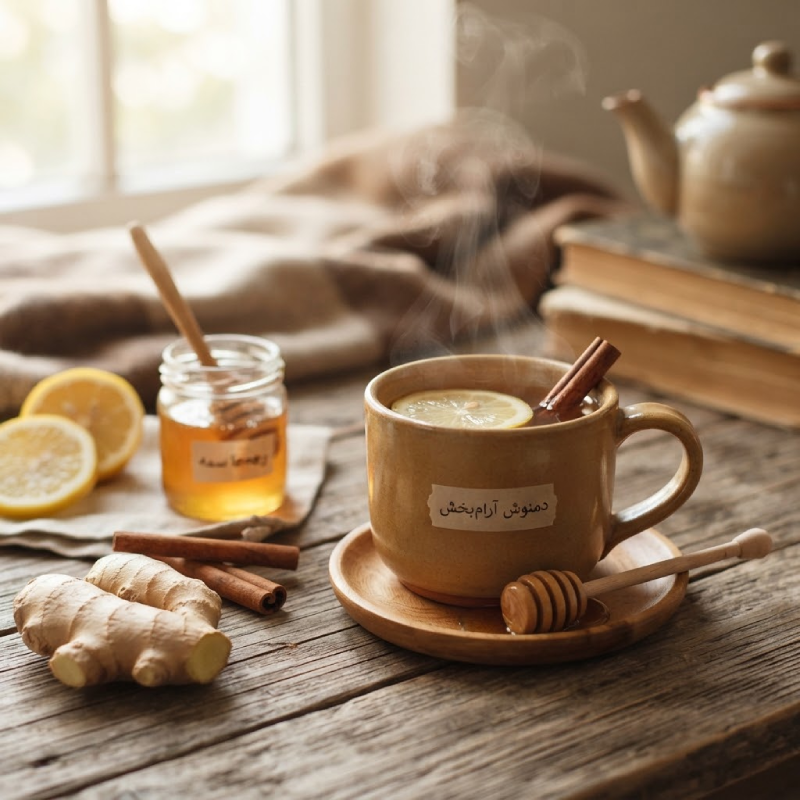 فنجان دمنوش داغ با عسل، لیمو و زنجبیل روی میز چوبی، مناسب برای درمان خانگی گلودرد